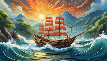 ship in the sea - obrazy, fototapety, plakaty