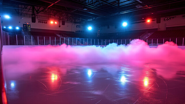 Empty ice hockey rink with lights and smoke machine