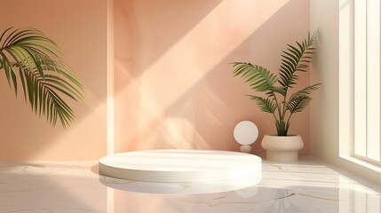 Fototapeta premium Mockup stage design for products, The white circular platform is on the water surface, Minimalist . Suitable for e-commerce scenarios.