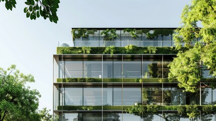 Green leaves and modern office building. Bottom view of modern office building with green leaves