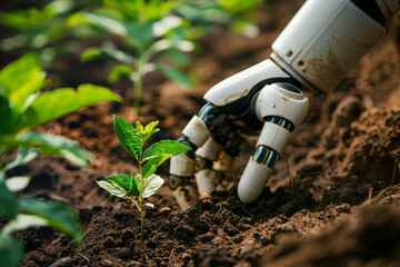 Close up of a robots hand planting a seedling in fertile soil merging technology with nature