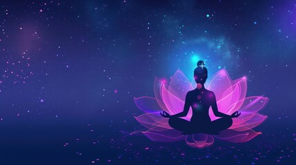 Fototapeta na wymiar Human body in yoga lotus asana on neon purple lotus petals and dark blue space with stars background. AI generated