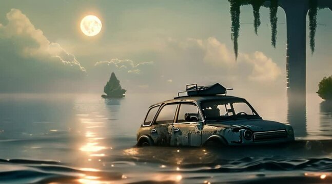 dystopian landscape with car in the water