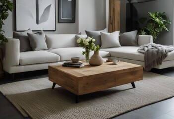 living sofa wooden design home rug coffee woven Rustic square room fabric farmhouse corner modern grey White interior table