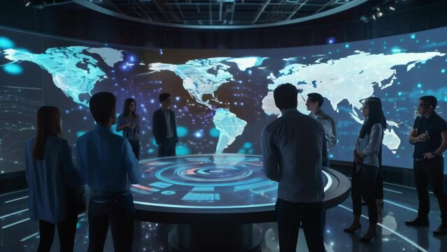 In an interactive exhibition space, visitors gather around a futuristic globe display. 