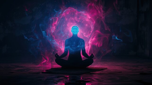 Female body in yoga assana with seven chakras in shining neon colors on gently purple lotus petals and dark blue space with stars background. AI generated