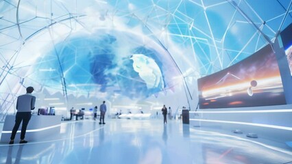 Immersive digital art installation in a domed hall with glowing blue clouds. 