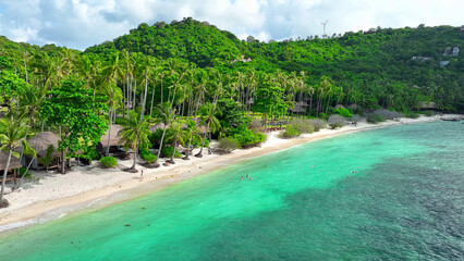 Tranquil green shore, kissed by azure waves. An idyllic resort sanctuary nestled in nature's...