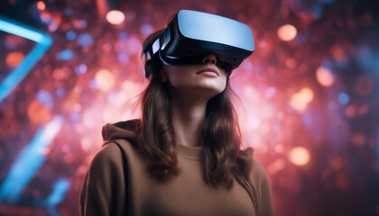 Fototapeta premium mmersed in the Metaverse: Young Woman Amazed in VR Headset Explores Virtual Space