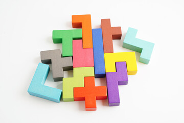 Logical thinking and problem solving problem solution creative business concept, wooden puzzle...