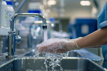 Close up on a researchers hands washing thoroughly under a safety faucet, symbolizing hygiene and contamination prevention in medical labs