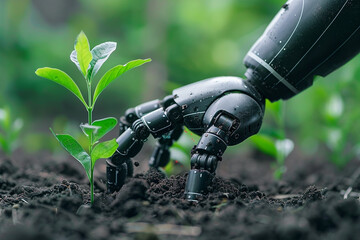 Close up on a robots hand sowing seeds in fertile soil a metaphor for the seeding of new ideas and growth