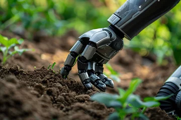 Fotobehang Close up on a robots hand sowing seeds in fertile soil a metaphor for the seeding of new ideas and growth © Tohamina