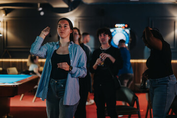 Friends gather for a playful night out, throwing darts and sharing laughter in a vibrant bar...