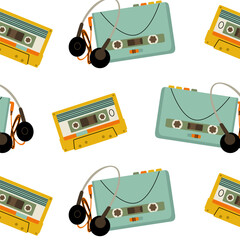 Seamless pattern of y2k gadgets. Music cassette and cassette player with headphones from the 90s in a modern flat style. Vector illustration isolated on transparent background.