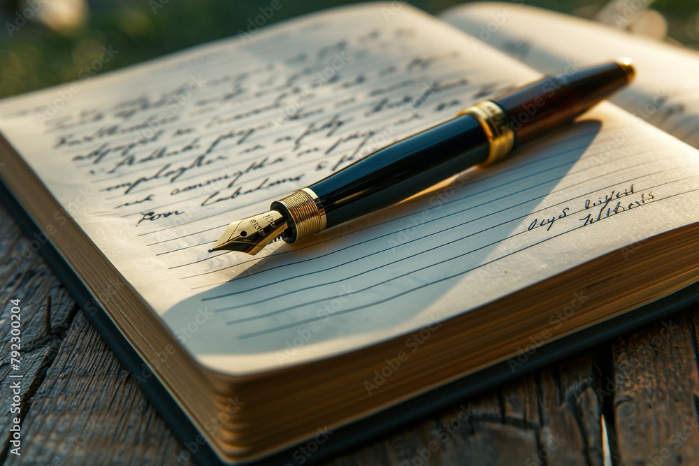 Poster Close view of an elegant pen resting on an open diary personal reflections