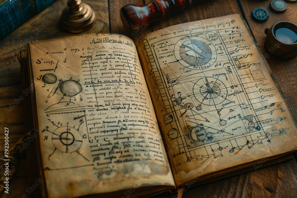 Poster close view of an open book on ancient science pages filled with formulas and drawings