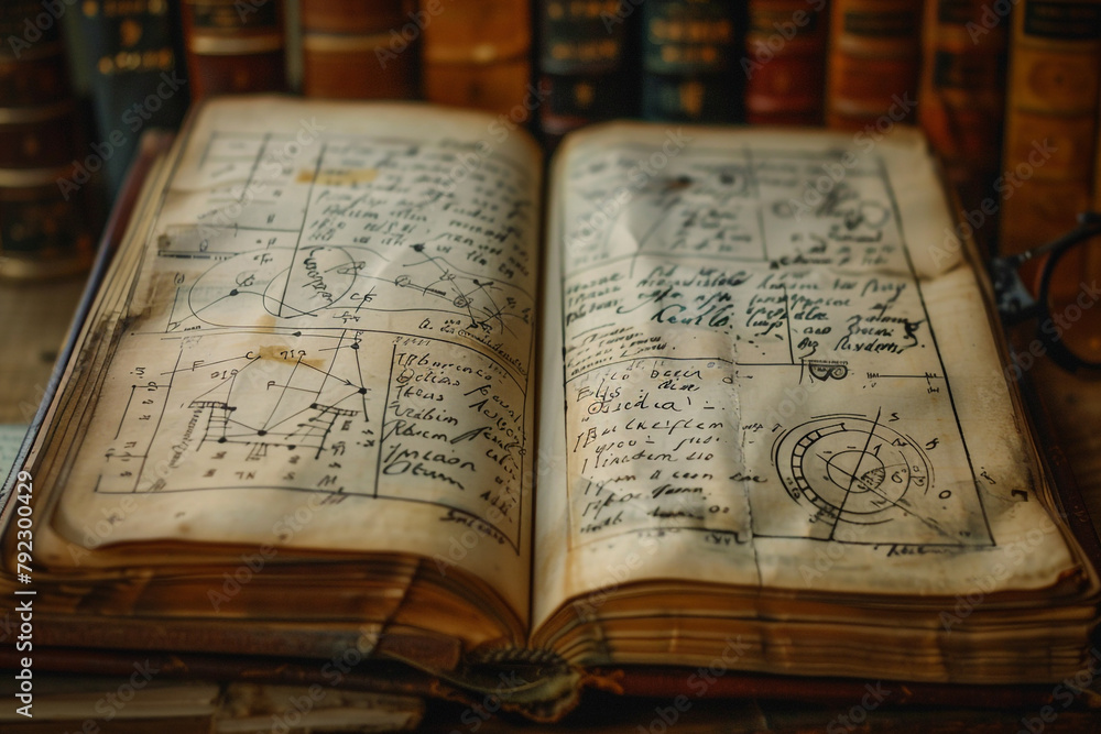 Poster close view of an open book on ancient science pages filled with formulas and drawings