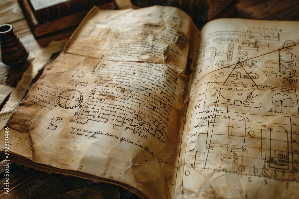 Poster close view of an open book on ancient science pages filled with formulas and drawings