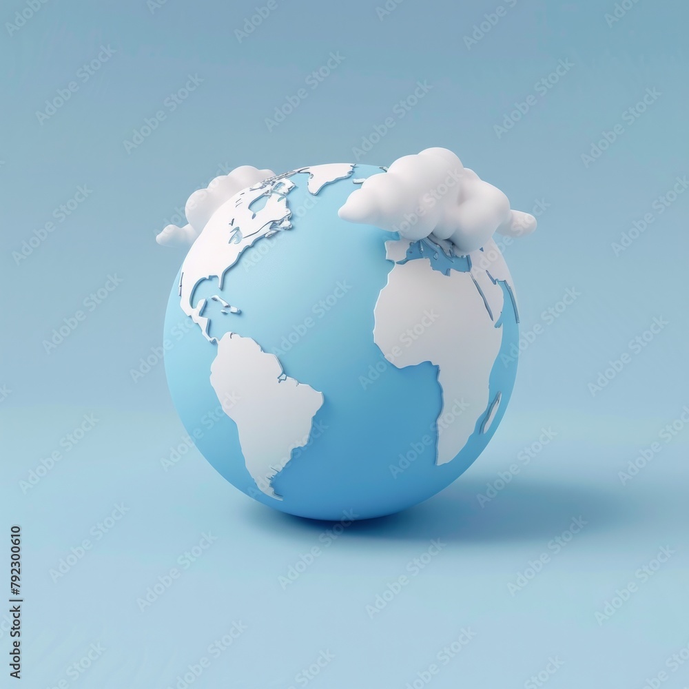 Poster a 3d globe icon with simplified continents in soft blue, ai generative