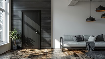 A minimalist room with a contrasting black door and white walls. Hardwood floors complement the...