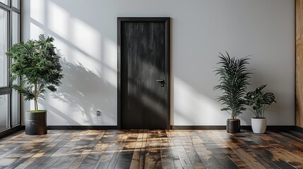 A minimalist room with a contrasting black door and white walls. Hardwood floors complement the black doors. creating modern beauty