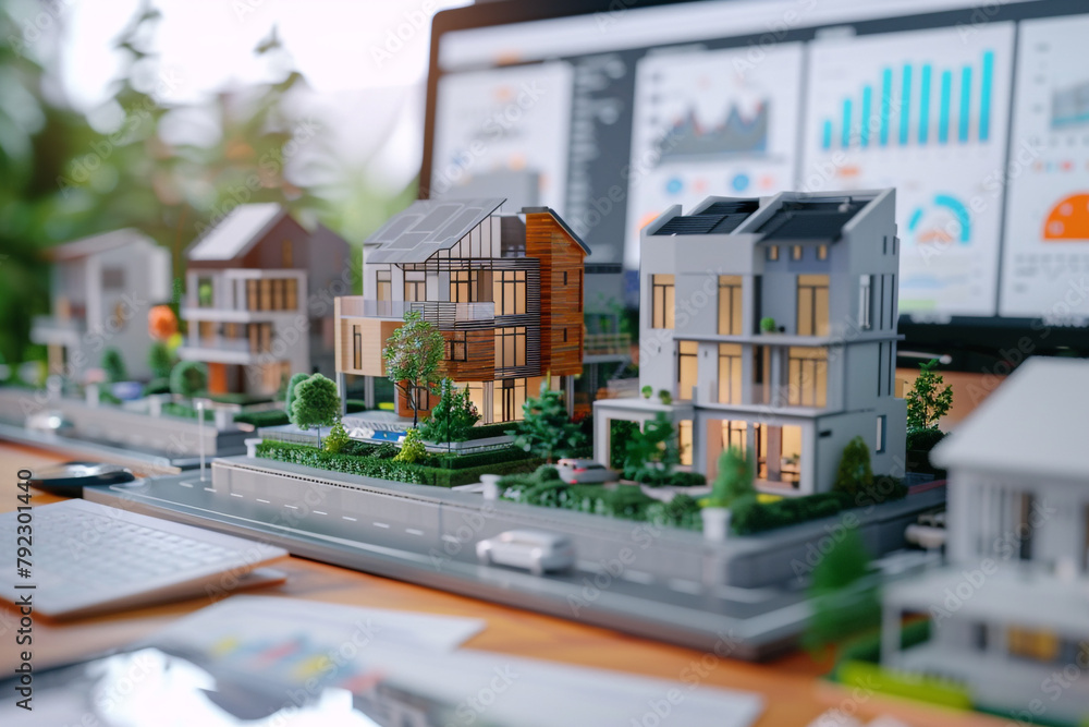 Poster close-up of a 3d rendering of a housing complex on a computer screen, economic growth charts beside