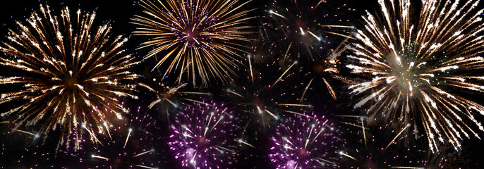 Banner Green firework in night time celebrate national holiday. Green Firework celebrate anniversary happy new year 2024 4th of july holiday festival. Countdown New year 2025 festival with copy space