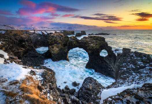 Gatklettur arch on Iceland during sunrise