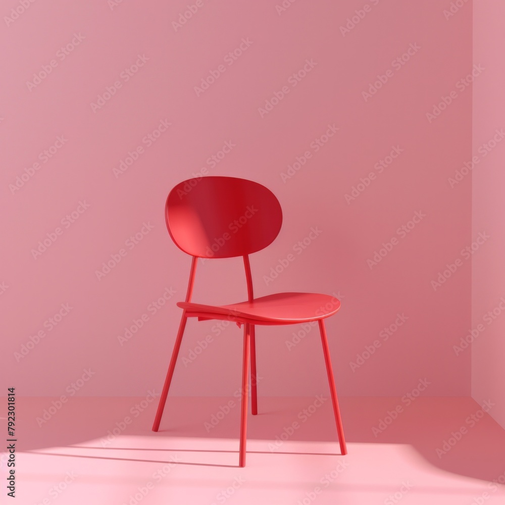 Poster create a 3d render of a minimalistic red chair against a soft pink background, ai generative