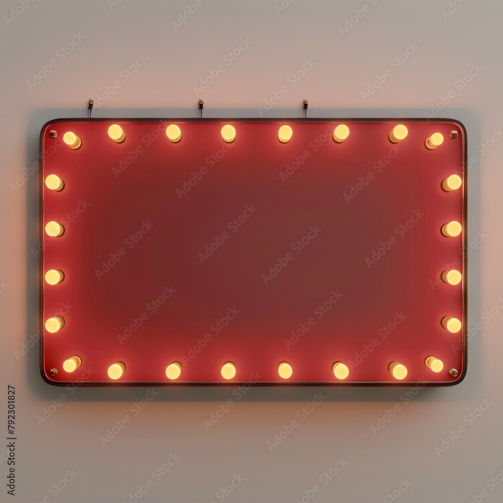 Poster create a 3d rendering of a classic blank signboard, its edges adorned with twinkling neon lights, ai