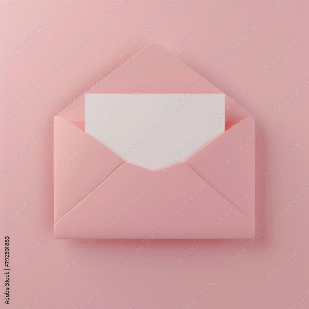 Poster create a 3d rendering of a blank white card enclosed in a delicate pink envelope, set against a cohe