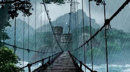 ancient wooden suspension bridge illustration poster background - obrazy, fototapety, plakaty
