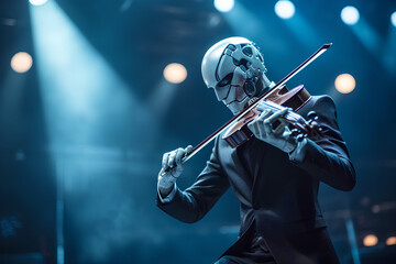 Fototapeta premium Futuristic robot playing violin on stage, replacing human job with ai musician