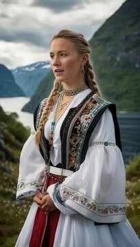 a young Norwegian woman in traditional Norwegian bunad with intricate