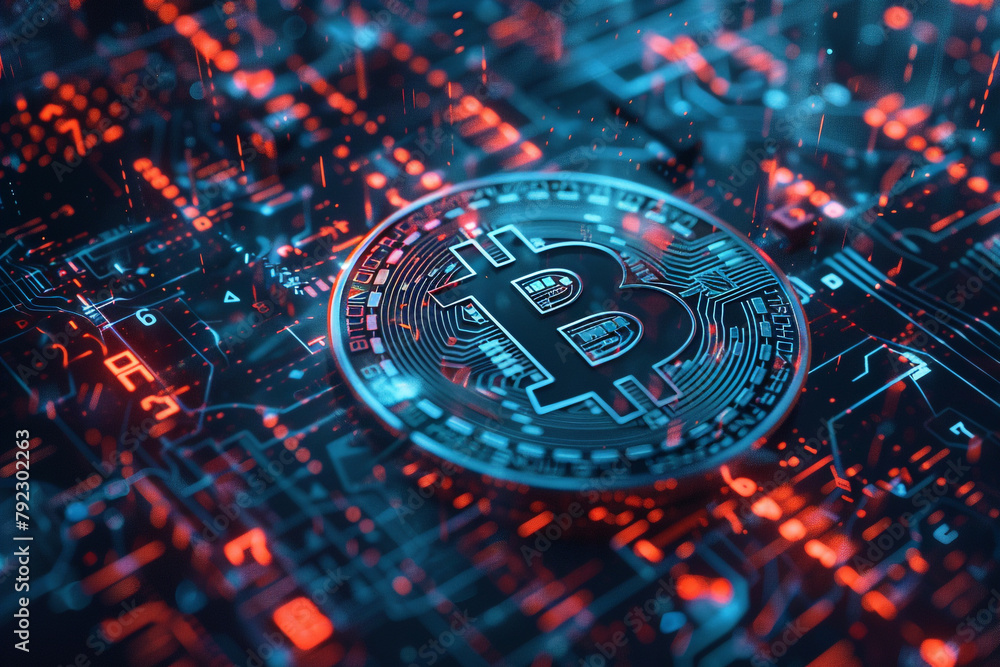 Poster close-up of a bitcoin against a backdrop of financial graphs and digital code