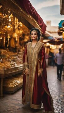a young Moroccan woman in traditional Moroccan caftan with elaborate 