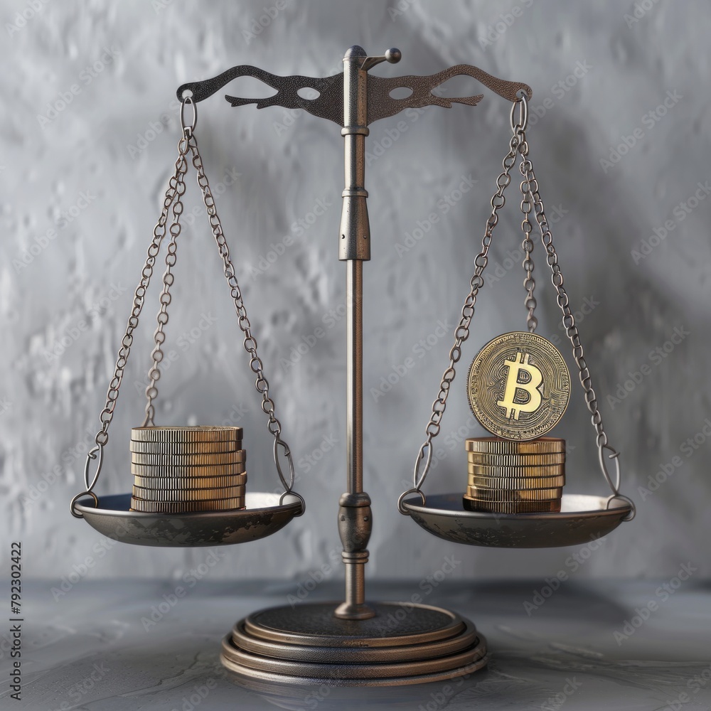 Poster design a 3d visualization featuring sleek, modern scales balancing stacks of coins against a single,