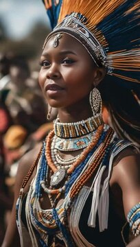 a young South African woman in traditional Zulu attire with beadwork 