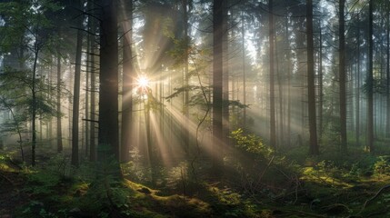 Ein friedliches Waldpanorama, in dem Sonnenstrahlen durch die Baumwipfel brechen und mystische Lichtflecken auf dem Waldboden erzeugen, AI Generative