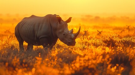 Single rhinoceros in the glow of the golden hour, wide savannah in the background, natural play of light, AI Generative - obrazy, fototapety, plakaty