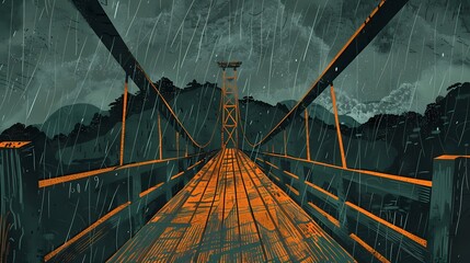 ancient wooden suspension bridge illustration poster background - obrazy, fototapety, plakaty