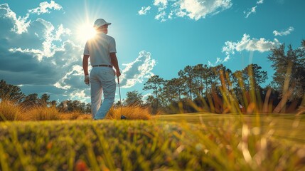 Elegant golfer analyzing the fairway, strategizing the next shot, embodiment of skill and calm, AI Generative
