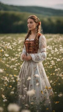 a young European woman in traditional folk dress with intricate patte