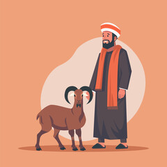 Islamic Arabian Muslim Man with Sheep Goat in Eid Al Adha Celebration