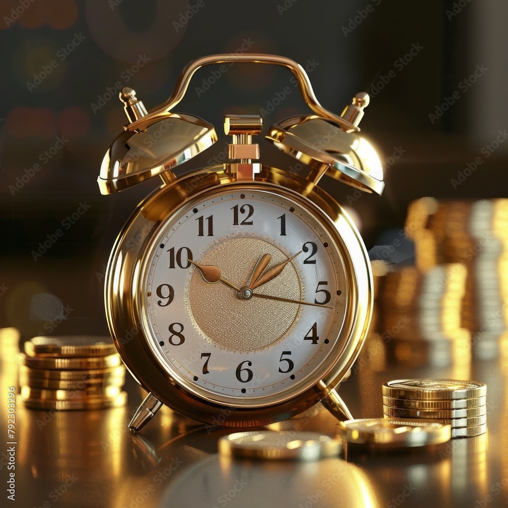 Poster imagine a 3d-rendered scene where an elegant clock and a stack of coins coexist in harmony, ai gener