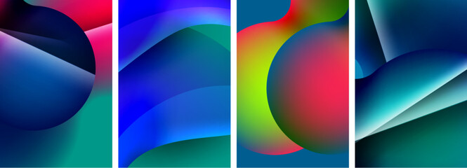 Fototapeta premium An artistic collage featuring a rainbow of colors with vibrant magenta, electric blue, and liquid patterns. Circles, rectangles, and water graphics create a colorful display