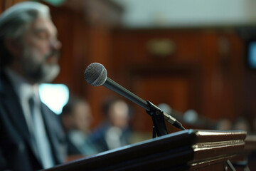Close-up of a central bank press conference, microphone capturing a statement on monetary policy