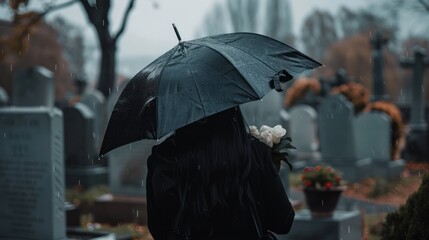 woman in black standing at the grave holding an umbrella, Young woman holding a black umbrella mourning at the cemetery