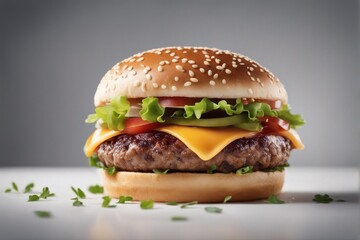 'juicy hamburger white background cheeseburger burger bun beef tomatoes cheese lettuce isolated onion meat food american single snack meal fast bread lunch sandwich grilled unhealthy sesame seed'